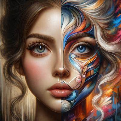 The primary subject of the image is a woman with blonde hair, who is depicted in two different styles. One half of her face is painted with a blue and orange color scheme, while the other half is painted with a white and blue color scheme. The setting is a painting, and the visual style is digital art. The colors and mood of the image are vibrant and artistic, with a focus on the woman's unique and creative appearance.